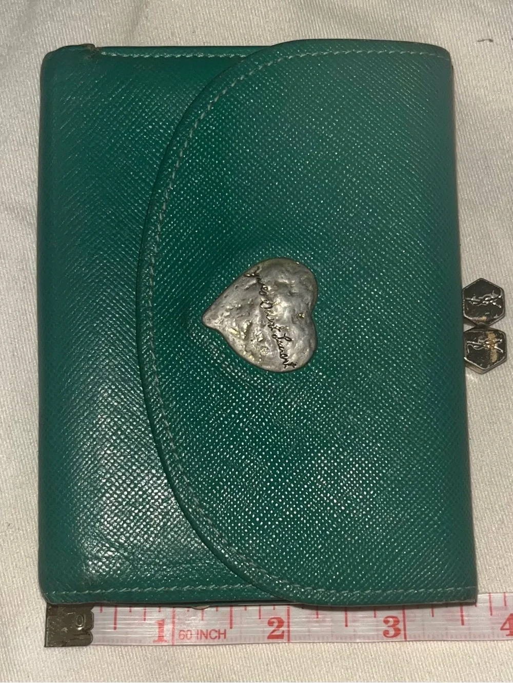 Authentic Yves Saint Laurent Teal Textured Leather Wallet with Heart Emblem - Picture 3 of 11